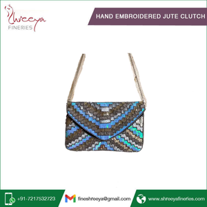 Handmade High Quality Jute Evening <b>Clutch</b> with Best Design Hand Embroidered Coin Pattern Beading Acrylic Metal Decor - Product Image 2
