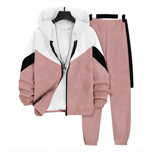 Conjunto Deportivo Casual de Dos Piezas Personalizable Unisex: Sudadera con Capucha Rosa Empolvado y Pantalones Jogger con Bloques de Color - Product Image 1