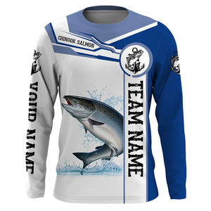 Camiseta de Pesca de Salmón Chinook de Manga Larga para Hombre, Blanca y Azul, con Estampado por Sublimación, Secado Rápido, UPF 50, Poliéster, Nombre del Equipo Personalizado - Product Image 1