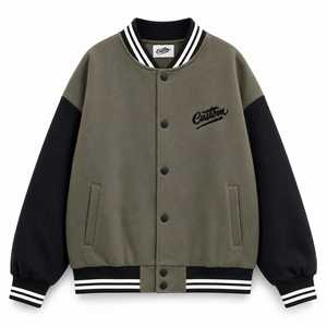 Chaqueta Varsity Personalizada con Bordado, de Lana/Poliéster, con Calefacción, para Hombre, Color Verde Oliva con Mangas Negras, Estilo Casual, para Invierno - Product Image 2
