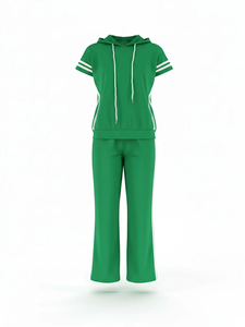 Conjunto Deportivo de Dos Piezas Estilo Europeo Americano ZHEZHE para Mujer, Camiseta con Capucha y Pantalones Holgados con Diseño a Rayas, Traje Casual de Verano - Product Image 4