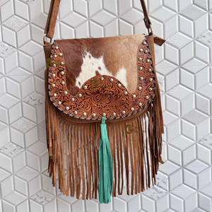 Sac bandoulière en cuir pour femme, style western, avec broderie turquoise, en cuir de vachette, léger, multi-usage, bordure à franges, style bohème, motif lettre - Product Image 1