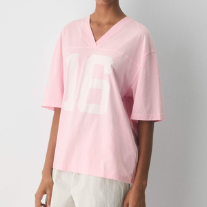 Camiseta de Verano para Mujer, de Algodón de Lujo, Transpirable, Talla Grande, con Efecto Desgastado, Lavado Ácido Personalizado, Logotipo Vintage, Cuello en V, de Alta Calidad - Product Image 1