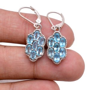 Sterling <b>Silver</b> Blue Apatite Flower <b>Earrings</b> Lever Back Handmade Gemstone Jewelry Elegant Gift For Women - Product Image 4