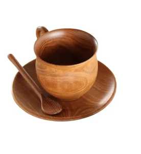 Handle Wooden Latte <b>Cup</b> <b>Saucer</b> Set Handcrafted Solid Wood Coffee Mug Wholesale Skies Traders Classic Business Gifts Leak Proof - Product Image 3
