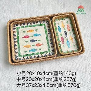Bandeja de Ratán con Incrustaciones de Madreperla, Bandeja Decorativa de Mimbre para Servir con Base de Madera, Cestas Tejidas - Product Image 1
