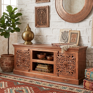 SUREN SPACE SS4512A Purple Solid Wood <b>TV</b> <b>Stand</b> Carved Panels Storage Living Room Furniture Rustic Antique Farmhouse Industrial - Product Image 1