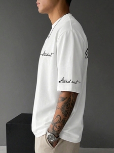 Men's Oversized <b>White</b> <b>T</b>-<b>Shirt</b> Short Sleeve O-Neck Casual Jersey Cotton Printed Letter Design Front Breathable - Product Image 3