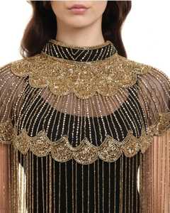 Chandni Export House Adult <b>Black</b> Gold Beaded Embroidery Cape with Fringe Pearls and <b>Sequins</b> Polyester Wedding <b>Jacket</b> Wrap - Product Image 1