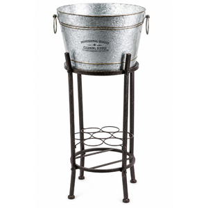 Wholesale Rustic <b>Galvanized</b> Beverage <b>Tub</b> with Metal Stand Bottle Integrated Wine Rack Display Holder Ice Bucket Cooler - Product Image 1