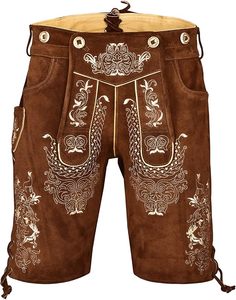 Shorts traditionnels bavarois en cuir véritable pour homme, broderie florale, coupe classique, marron - Product Image 6