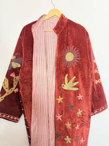 <b>Women</b> Velvet Suzani Embroidery Knitted Cotton Filled Bomber <b>Jacket</b> Floral Bohemian Ethnic Designer Lightweight - Product Image 4