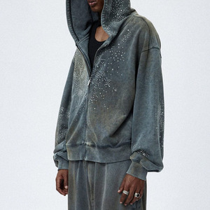 Sweat à capuche zippé pour homme, style streetwear premium, avec strass, délavé à l'acide, effet usé, haute qualité, effet soleil éclairé, coupe oversize - Product Image 3