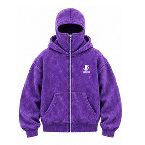 Pasamontañas de forro polar con doble capucha y lavado ácido, tejido liso, máscara facial completa, jersey de invierno de manga larga con bolsillos con cremallera, informal - Product Image 1