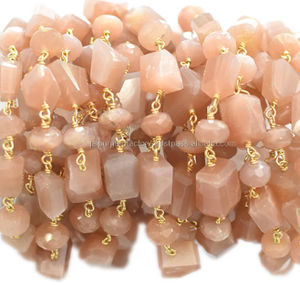 Pepitas de piedra lunar de melocotón y cadena envuelta de alambre, Plata de ley, chapado en oro, Rosario - Product Image 3