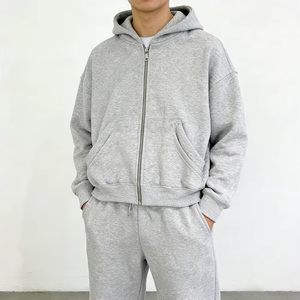 Survêtement unisexe gris à capuche, manches longues, fermeture éclair, couleur unie, vêtement décontracté, poches latérales, coupe régulière, saison automne, 100% coton - Product Image 2
