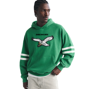Sweat à capuche unisexe vert personnalisé style universitaire avec manches patchwork, logo oiseau, streetwear, 100% coton, poche surdimensionnée, OEM, marque privée - Product Image 1