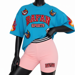 Ensemble T-shirt et short en coton et polyester de qualité supérieure pour femme, avec broderie sur la ceinture et logo, 100% coton - Product Image 1