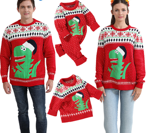 Pull à col rond pour femme, motif dinosaure de Noël rouge, tricoté épais - Product Image 6