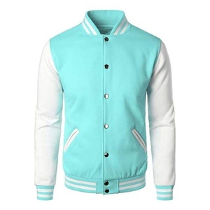 WARPRO INDUSTRY Unisex Turquoise White Varsity <b>Jacket</b> Hooded Collar Single Button Closure Breathable Casual Autumn Wear - Product Image 1