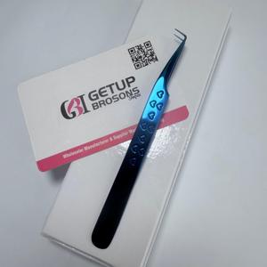 Pince à épiler pour cils GETUP BROSONS IMPEX durable 10 mm en acier inoxydable, pointe de précision lisse à 90 degrés, plaqué plasma bleu, motif cœur - Product Image 5