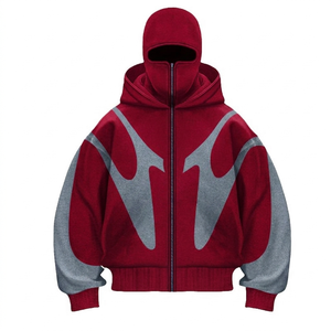 Sweat-shirt à capuche zippé surdimensionné pour homme, rouge et gris, avec blocs de couleur, manches raglan, coupe-vent, design masque cagoule tricoté, hiver - Product Image 1