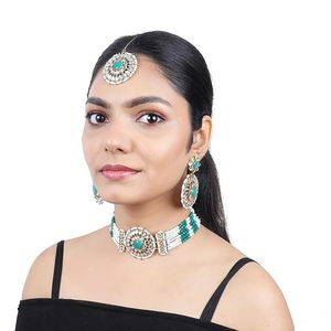 Ensemble de collier et boucles d'oreilles ethniques plaqués or avec pierre turquoise et perle d'imitation, bijoux de mariage pour femmes - Product Image 4