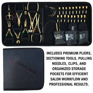 Kit d'outils pour extensions de cheveux dorées avec pinces microlink, pinces d'ouverture et de fermeture de perles, pinces de scellage de bandes, peigne à queue, ensemble de crochets auto-agrippants - Product Image 5