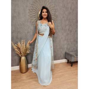 Saree et Koti fantaisie avec broderie pour les fêtes de mariage Tenue de fête élégante - Product Image 5