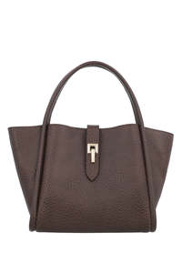 Bolso Tote Abierto de Cuero Granulado Negro para Mujer, Bolso de Hombro Estructurado Marrón Oscuro con Asas Enrolladas - Product Image 6