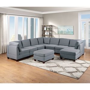 9 pezzi componibili Set componibile da soggiorno in tessuto di lino grigio 3x angolo cuneo 4x poltrone senza braccia 2x pouf - Product Image 1