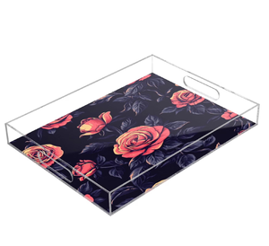 Plateau de service transparent imprimé de roses, design élégant, pour présentation d'accessoires cosmétiques, design et logo personnalisables - Product Image 1