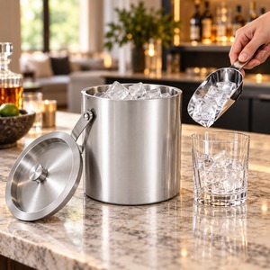 Seau à glace en acier inoxydable à double paroi isolé avec couvercle, pinces et cuillère pour bar, fête, divertissement à domicile, refroidisseur de boissons, qualité supérieure - Product Image 1