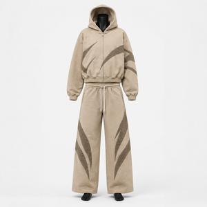 Conjunto Deportivo Unisex Beige con Capucha, Manga Larga, Patrón Geométrico, Corte Holgado, Ropa Casual de Otoño con Pantalones con Cordón - Product Image 1
