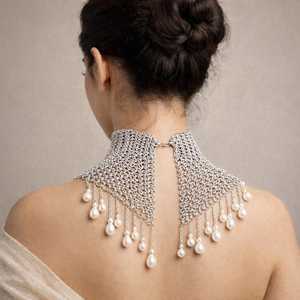 Collar de Malla Metálica de Acero Inoxidable Plateado con Gotas de Perlas, Joyería de Moda Estilo Armadura - Product Image 2