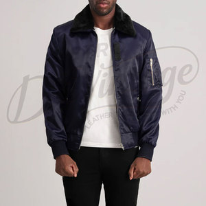 Blouson Bomber Homme Bleu Marine en Satin avec Col en Fausse Fourrure, Manteau d'Hiver Style Aviateur, Fermeture Éclair, Poches Utilitaires, Rembourré et Chaud - Product Image 1