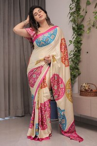 Sari imprimé numérique élégant avec franges, motif floral, pour soirée, imprimé artistique - Product Image 5