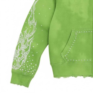 Custom Acid Wash Rhinestone Zipper-Up Winter Heavyweight 100% Cotton Oversized Boxy Fit Vintage Streetwear <b>Hoodies</b> Green Color - Product Image 5