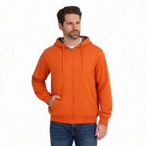 Men Orange Fleece Lined Full <b>Zip</b> <b>Hoodie</b> Winter Thermal Cotton Blend Outerwear Casual Hooded Sweatshirt With Pouch <b>Pocket</b> - Product Image 1