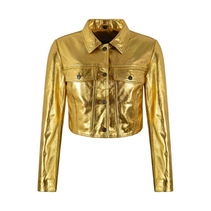 Women’s Metallic Genuine Soft Nappa Leather Cropped <b>Jacket</b> Gold <b>Silver</b> Slim Fit Button Front Denim Trucker Style Fashion <b>Jacket</b> - Product Image 3