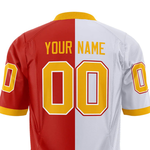 เสื้อฟุตบอลอเมริกันผู้ชายแบบซับลิเมชั่นสั่งทำคุณภาพสูง OEM พร้อมชื่อทีมและหมายเลข ผลิตจากโพลีเอสเตอร์ตาข่าย 100% แห้งเร็ว UPF 50 เป็นมิตรต่อสิ่งแวดล้อม - Product Image 5