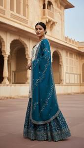 Kurta en coton blanc avec Lehenga et Dupatta brodés bleus, ensemble traditionnel indien pakistanais pour femmes, longueur au sol, coupe classique - Product Image 3
