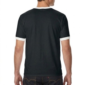 Camiseta de Manga Corta Negra para Hombre con Ribete en Contraste Blanco, Cuello Redondo, Corte Regular, Informal, Color Sólido, Tejido de Punto Jersey, Algodón - Product Image 6