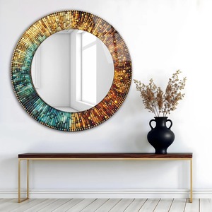 Tempered Glass <b>Round</b> Wall <b>Mirror</b> with Metal Frame Handmade Modern <b>Bathroom</b> Decor Mosaics Look From REHMAN CRAFT - Product Image 2