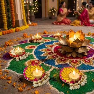 Handmade Eco-Friendly Festive Indian Diwali Lotus Tealight Candlestick Holder Metal Diya Stand Set Home Temple Wedding <b>Table</b> - Product Image 4