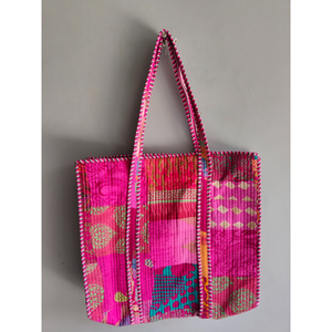 Bolsa de Mano de Algodón con Paneles Rosas y Bordado, Estilo Bohemio, Abierta por Arriba, para Compras - Product Image 1