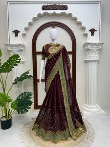 Sari de Diseño Bordado Color Granate para Mujer, Listo para Usar, para Fiestas, Bodas, Festividades, Tradicional, Étnico, Indio - Product Image 1
