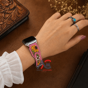 New Premium Pink Genuine Leather <b>Watch</b> Band with Sunflower <b>Tooling</b> Western Style Smart Female <b>Watch</b> <b>Strap</b> Replacement for Gifts - Product Image 1