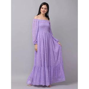 Vestido Maxi Lavanda para Mujer con Hombros Descubiertos, Manga Larga, Cintura Fruncida y Estampado de Puntos, Vestido Casual para Fiesta - Product Image 2