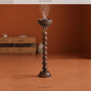 Elegant Wooden <b>Bakhoor</b> Burner With Stacked Beaded Column Design And Smooth Top Basin Round Shape For Aromatic <b>Oud</b> Incense - Product Image 3